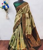 Pista green soft silk blend banarasi jacuard work designer party wear saree with unstitched blouse piece