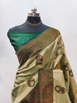 pista green silk blend banarasi saree with unstitched blouse piece 2