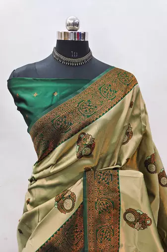 pista green silk blend banarasi saree with unstitched blouse piece