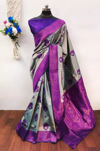 Sky purple  soft silk blend banarasi jacuard work designer party wear saree with unstitched blouse piece