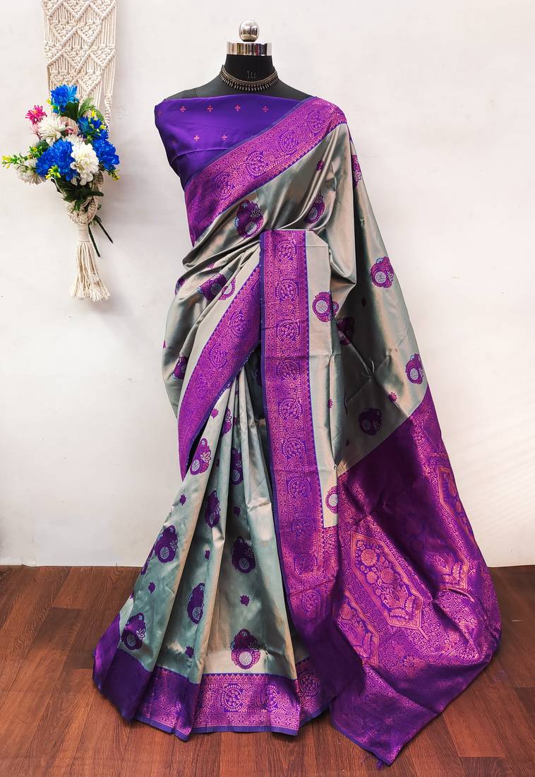 Sky purple  soft silk blend banarasi jacuard work designer party wear saree with unstitched blouse piece