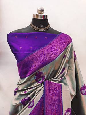 sky purple silk blend banarasi saree with unstitched blouse piece 2