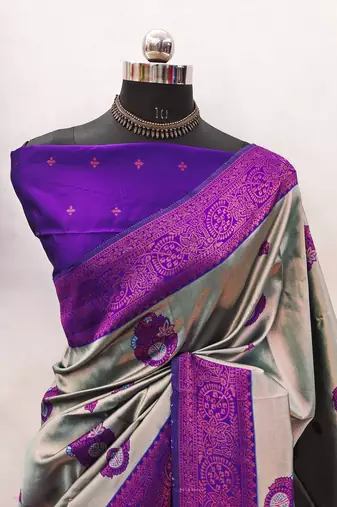 sky purple silk blend banarasi saree with unstitched blouse piece