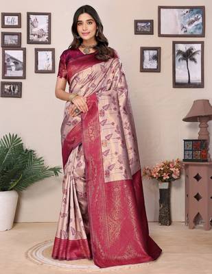 cream wine silk blend banarasi saree with unstitched blouse piece 1