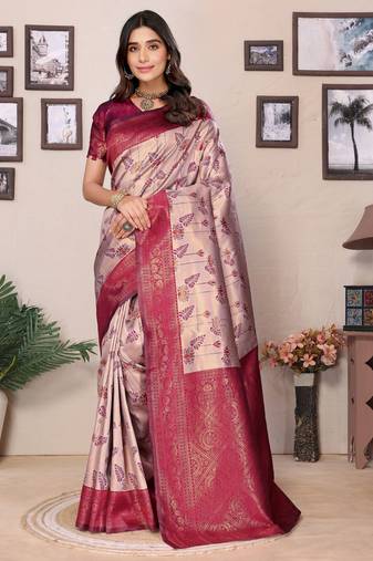 cream wine  soft art silk blend banarasi jacuard work designer party wear saree with unstitched blouse piece