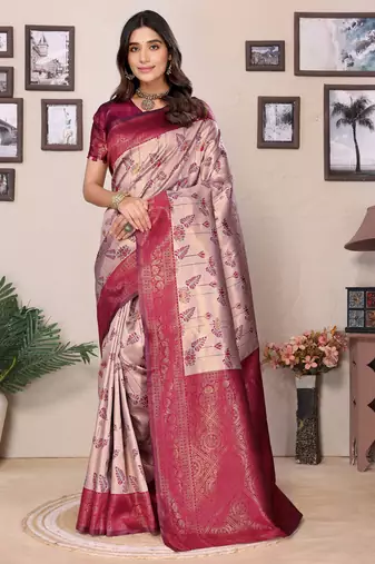Cream wine  soft silk blend banarasi jacuard work designer party wear saree with unstitched blouse piece