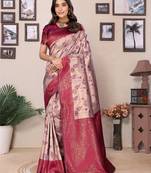 Cream wine  soft silk blend banarasi jacuard work designer party wear saree with unstitched blouse piece