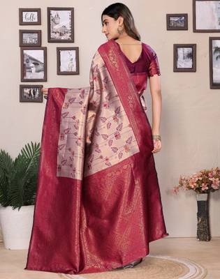 cream wine silk blend banarasi saree with unstitched blouse piece 2