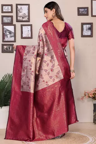 cream wine silk blend banarasi saree with unstitched blouse piece