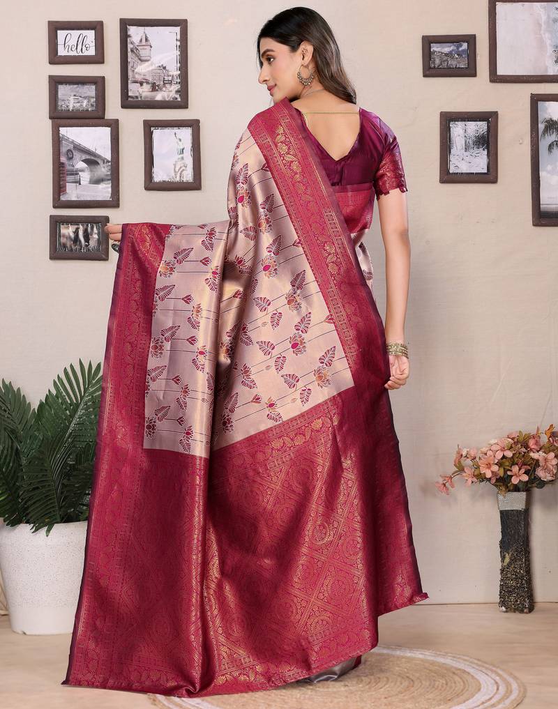 Cream wine  soft silk blend banarasi jacuard work designer party wear saree with unstitched blouse piece
