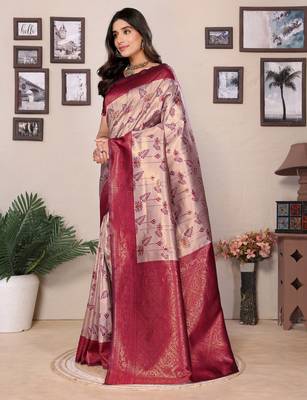 cream wine silk blend banarasi saree with unstitched blouse piece 3
