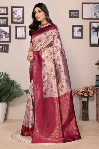 cream wine silk blend banarasi saree with unstitched blouse piece