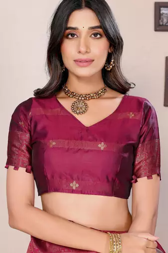 cream wine silk blend banarasi saree with unstitched blouse piece