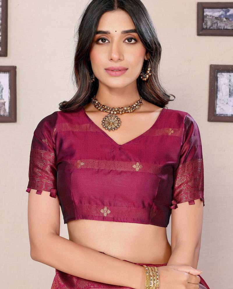 Cream wine  soft silk blend banarasi jacuard work designer party wear saree with unstitched blouse piece