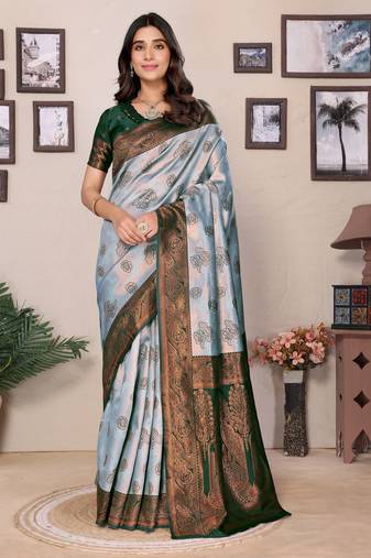 Sea green  soft silk blend banarasi jacuard work designer party wear saree with unstitched blouse piece