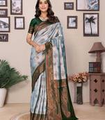 Sea green  soft silk blend banarasi jacuard work designer party wear saree with unstitched blouse piece