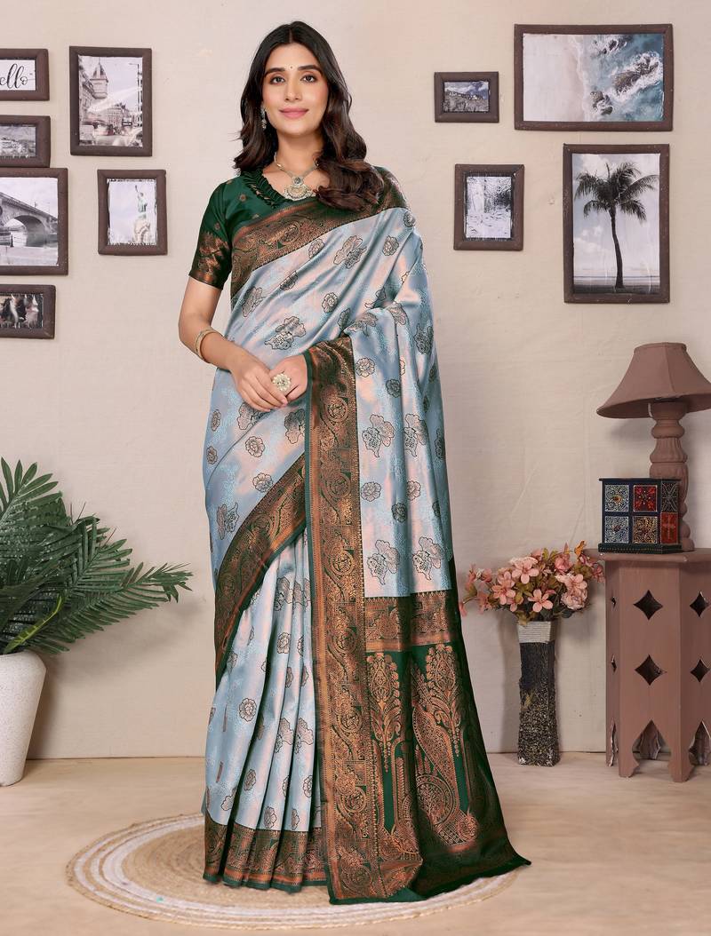 Sea green  soft silk blend banarasi jacuard work designer party wear saree with unstitched blouse piece