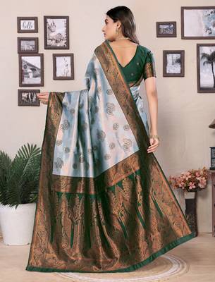 sea green silk blend banarasi saree with unstitched blouse piece 2