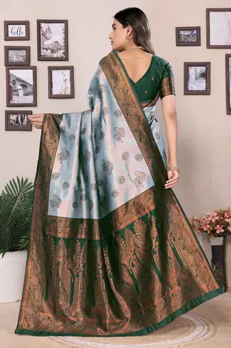sea green silk blend banarasi saree with unstitched blouse piece
