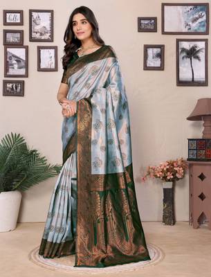 sea green silk blend banarasi saree with unstitched blouse piece 3