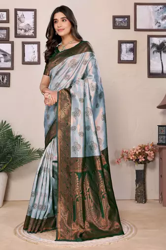 sea green silk blend banarasi saree with unstitched blouse piece