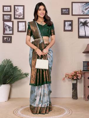 sea green silk blend banarasi saree with unstitched blouse piece 4