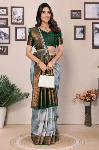 sea green silk blend banarasi saree with unstitched blouse piece