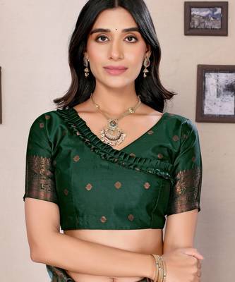 sea green silk blend banarasi saree with unstitched blouse piece 5