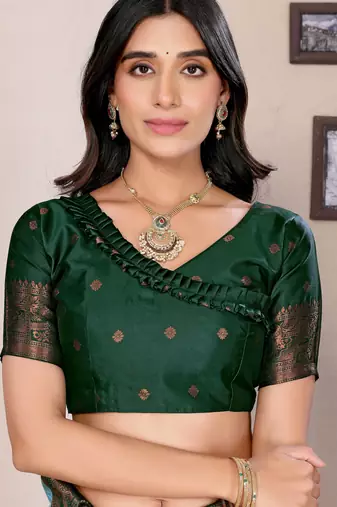 sea green silk blend banarasi saree with unstitched blouse piece