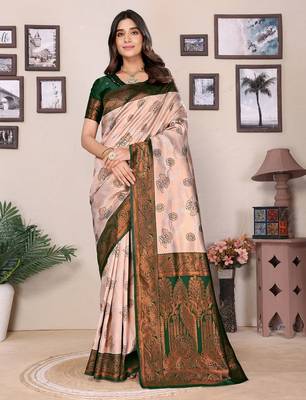 cream green silk blend banarasi saree with unstitched blouse piece 1