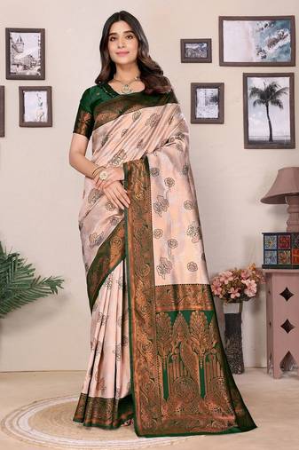 cream green  soft art silk blend banarasi jacuard work designer party wear saree with unstitched blouse piece