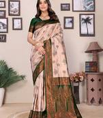 Cream green  soft silk blend banarasi jacuard work designer party wear saree with unstitched blouse piece