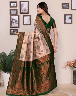 cream green silk blend banarasi saree with unstitched blouse piece 2