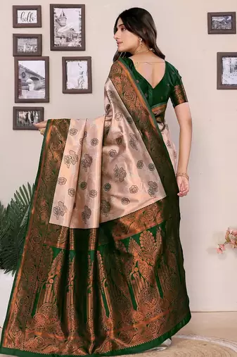 cream green silk blend banarasi saree with unstitched blouse piece