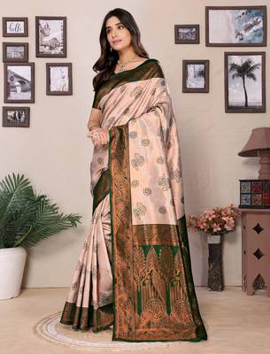 cream green silk blend banarasi saree with unstitched blouse piece 3