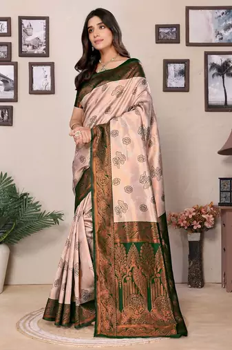 cream green silk blend banarasi saree with unstitched blouse piece