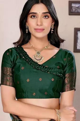 cream green silk blend banarasi saree with unstitched blouse piece