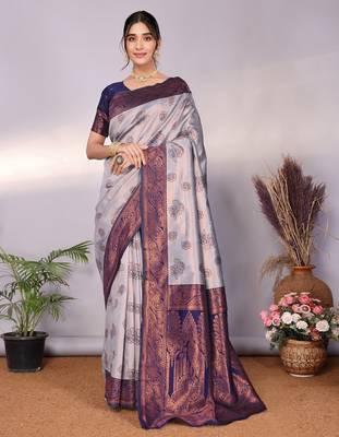 grey neavy blue silk blend banarasi saree with unstitched blouse piece 1