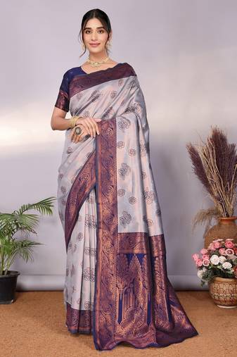 grey neavy blue soft art silk blend banarasi jacuard work designer party wear saree with unstitched blouse piece