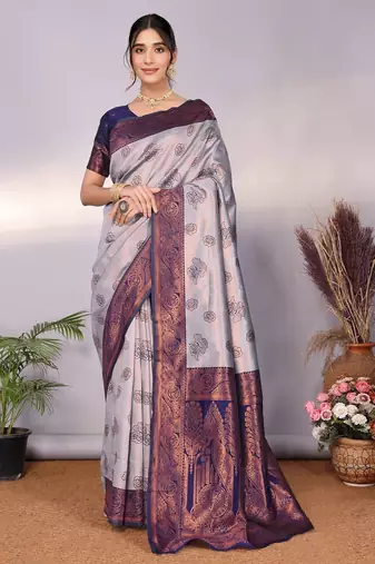 Grey neavy blue soft silk blend banarasi jacuard work designer party wear saree with unstitched blouse piece
