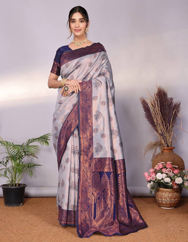 Grey neavy blue soft silk blend banarasi jacuard work designer party wear saree with unstitched blouse piece