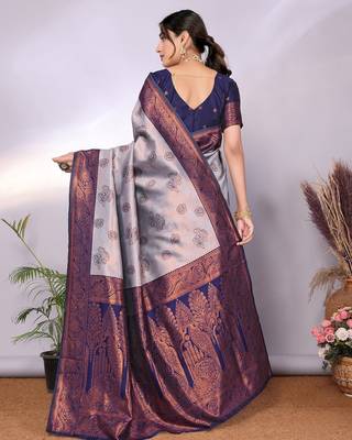 grey neavy blue silk blend banarasi saree with unstitched blouse piece 2