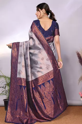 grey neavy blue silk blend banarasi saree with unstitched blouse piece