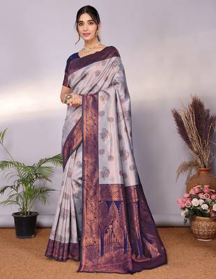 grey neavy blue silk blend banarasi saree with unstitched blouse piece 3