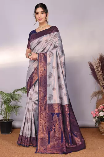 grey neavy blue silk blend banarasi saree with unstitched blouse piece