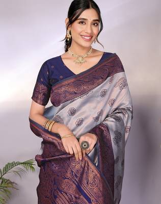 grey neavy blue silk blend banarasi saree with unstitched blouse piece 4