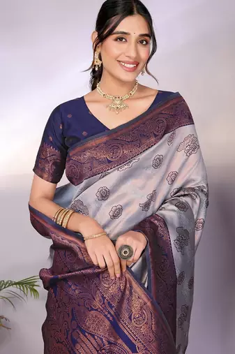 grey neavy blue silk blend banarasi saree with unstitched blouse piece
