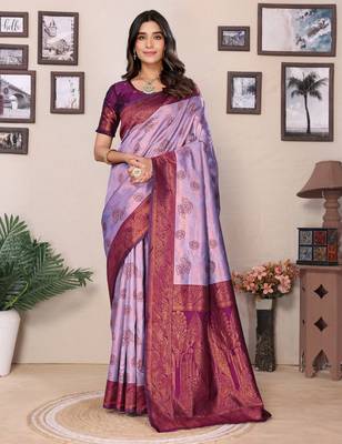 lavender wine silk blend banarasi saree with unstitched blouse piece 1