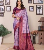 Lavender wine  soft silk blend banarasi jacuard work designer party wear saree with unstitched blouse piece