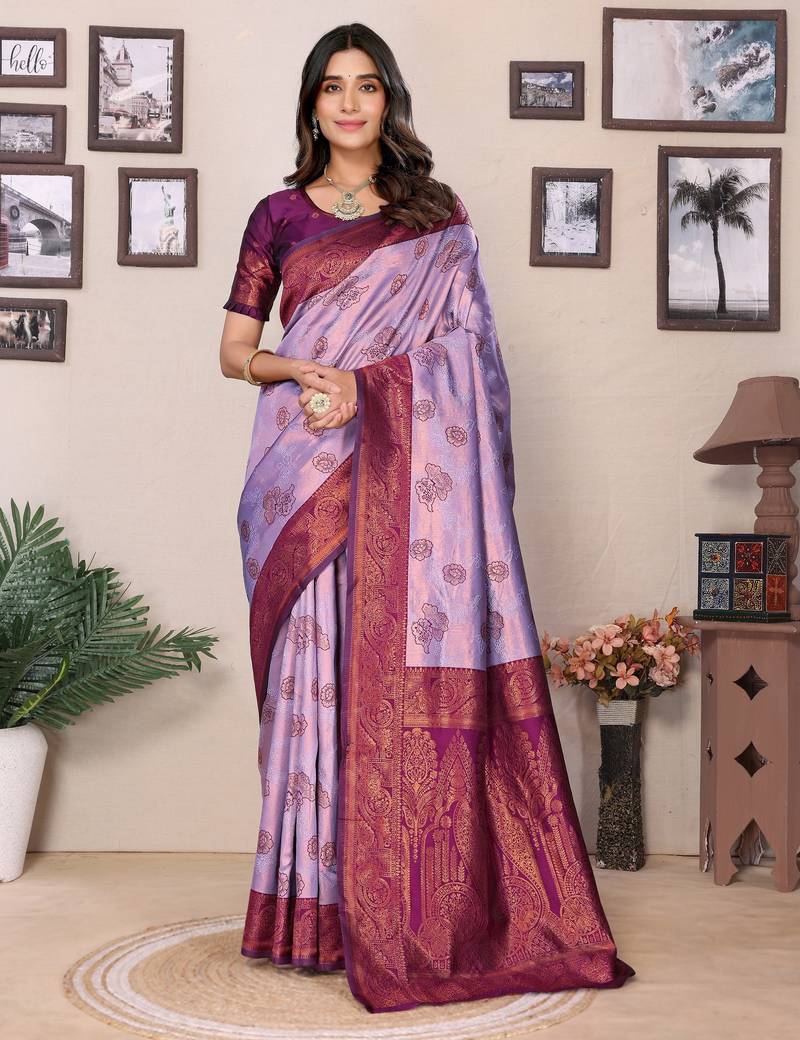 Lavender wine  soft silk blend banarasi jacuard work designer party wear saree with unstitched blouse piece